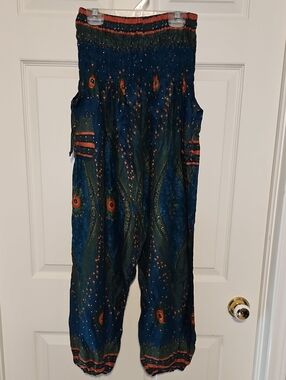 Woman's Blue Printed Harem Pants with Elastic Waist